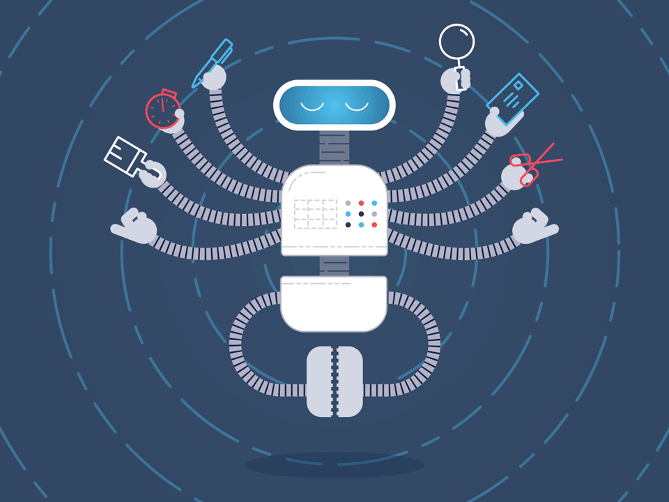 Animated graphic of a multi-tasking AI robot